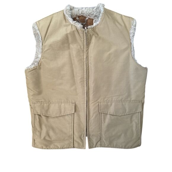 Vintage Woolrich Canvas Vest Mens L Faux Fur Lined Khaki Made In USA - Picture 1 of 11